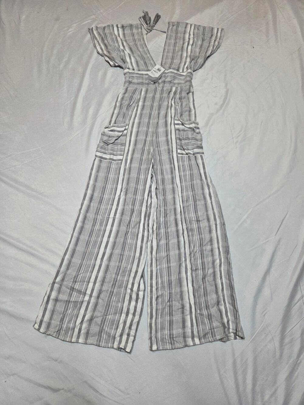 Nordstrom Gray and White Striped Wide-Leg Jumpsuit